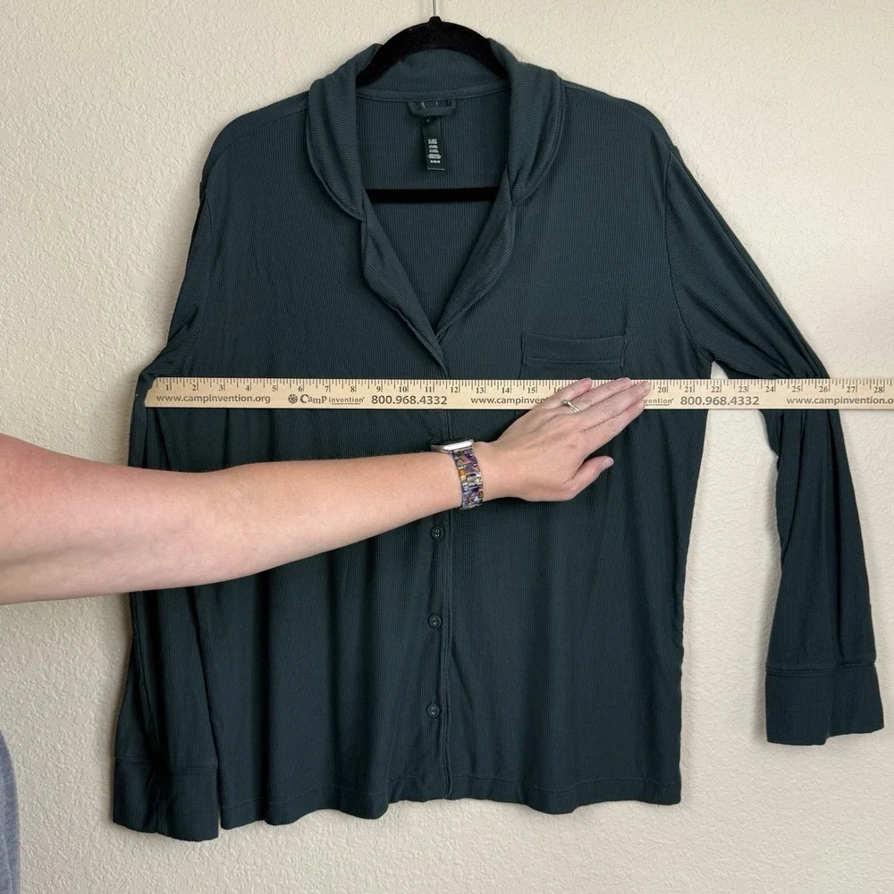 Skims Soft Lounge Ribbed Pajama Sleep Shirt Dark Green Women's Med Long Sleeve - Picture 2 of 5